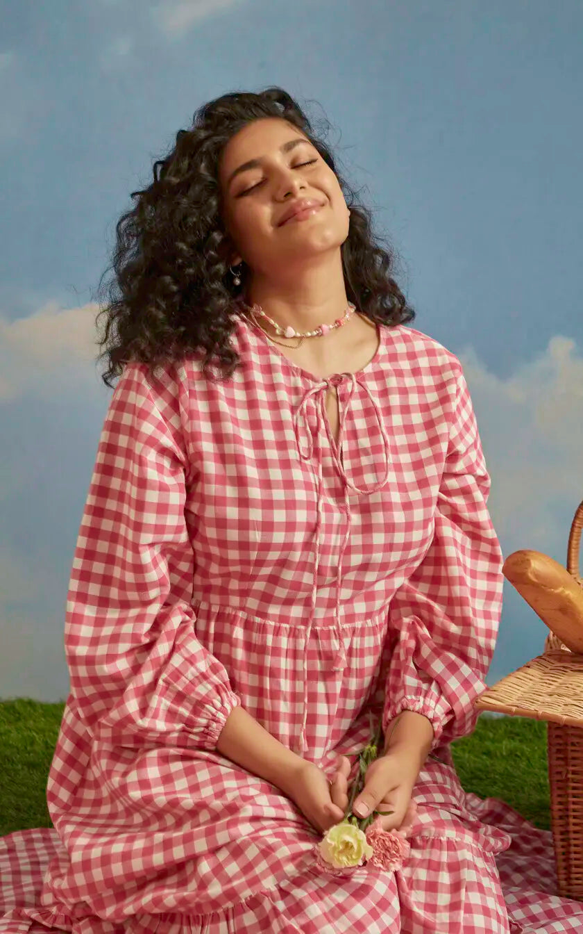 Pink Checkered A line Front Tie Up Dress