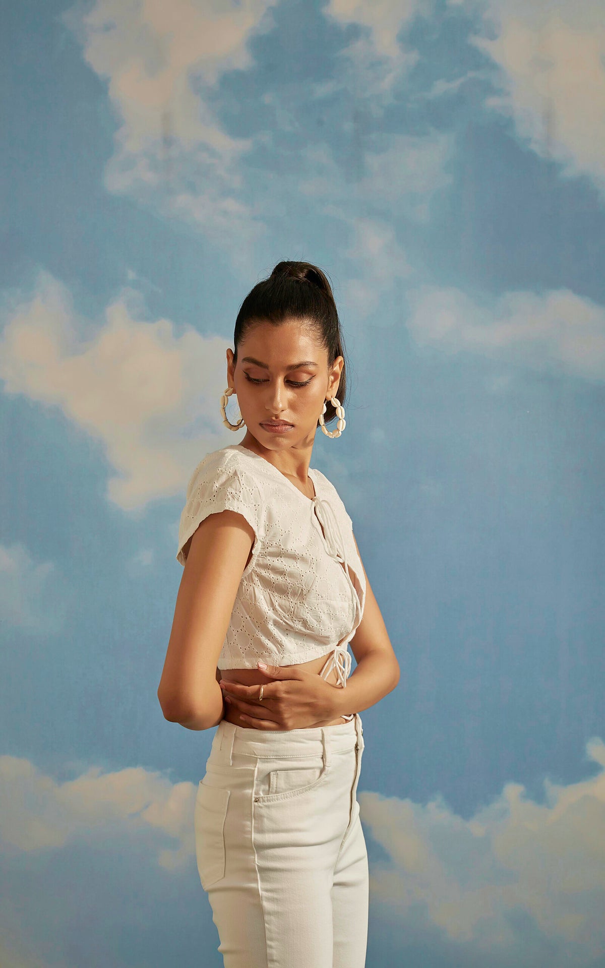 White Schiffli Front Tie-Up Crop Top