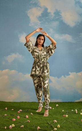Green Leaf Print Front Tie Up Kimono & Pants Set