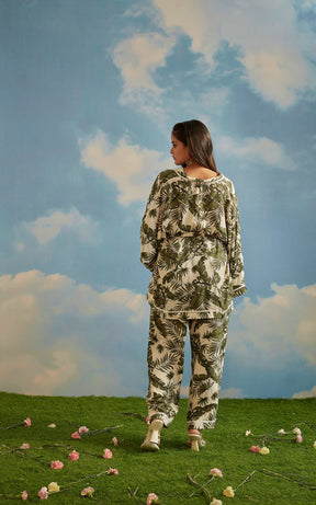 Green Leaf Print Front Tie Up Kimono & Pants Set