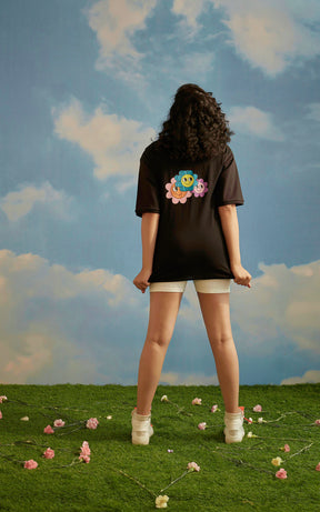 Black Oversized Printed Round Neck T-Shirt (Three flowers)