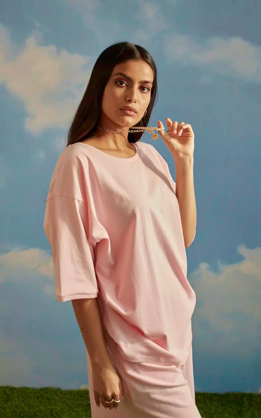 Pink Oversized Printed Round Neck T-Shirt (Good Energy Club)
