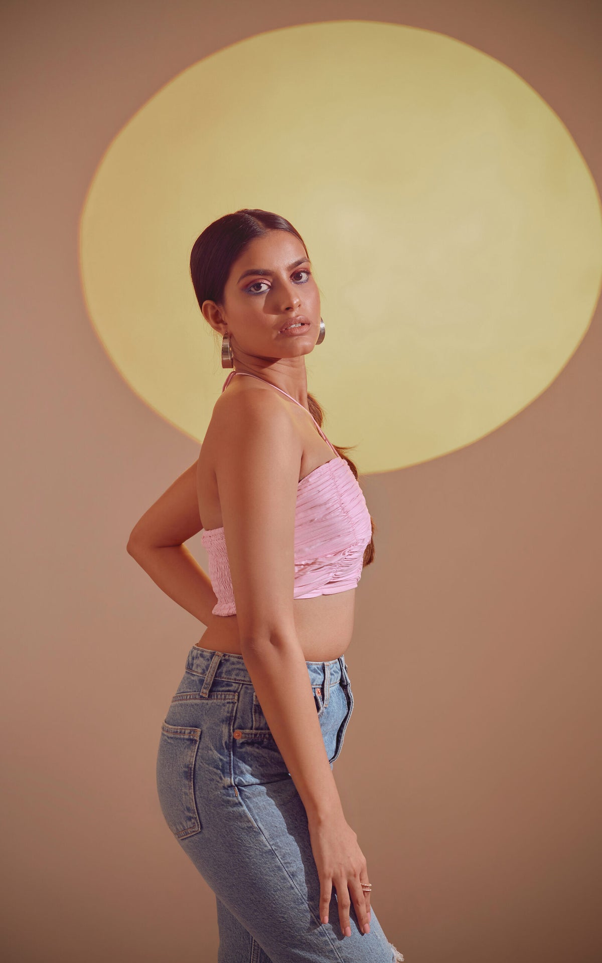 Pink Gathered Halter Neck Crop Top