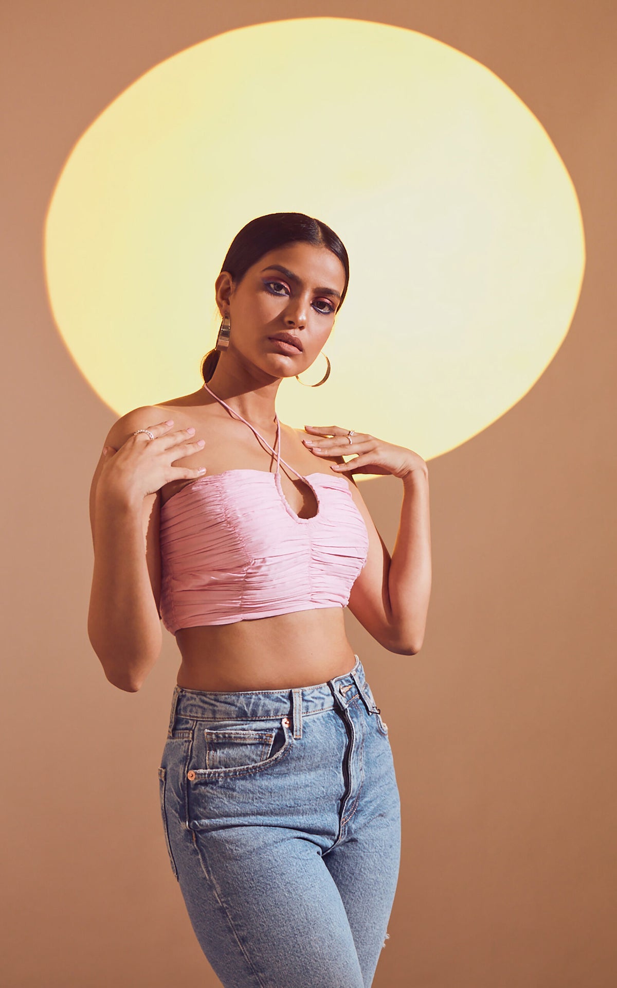 Pink Gathered Halter Neck Crop Top
