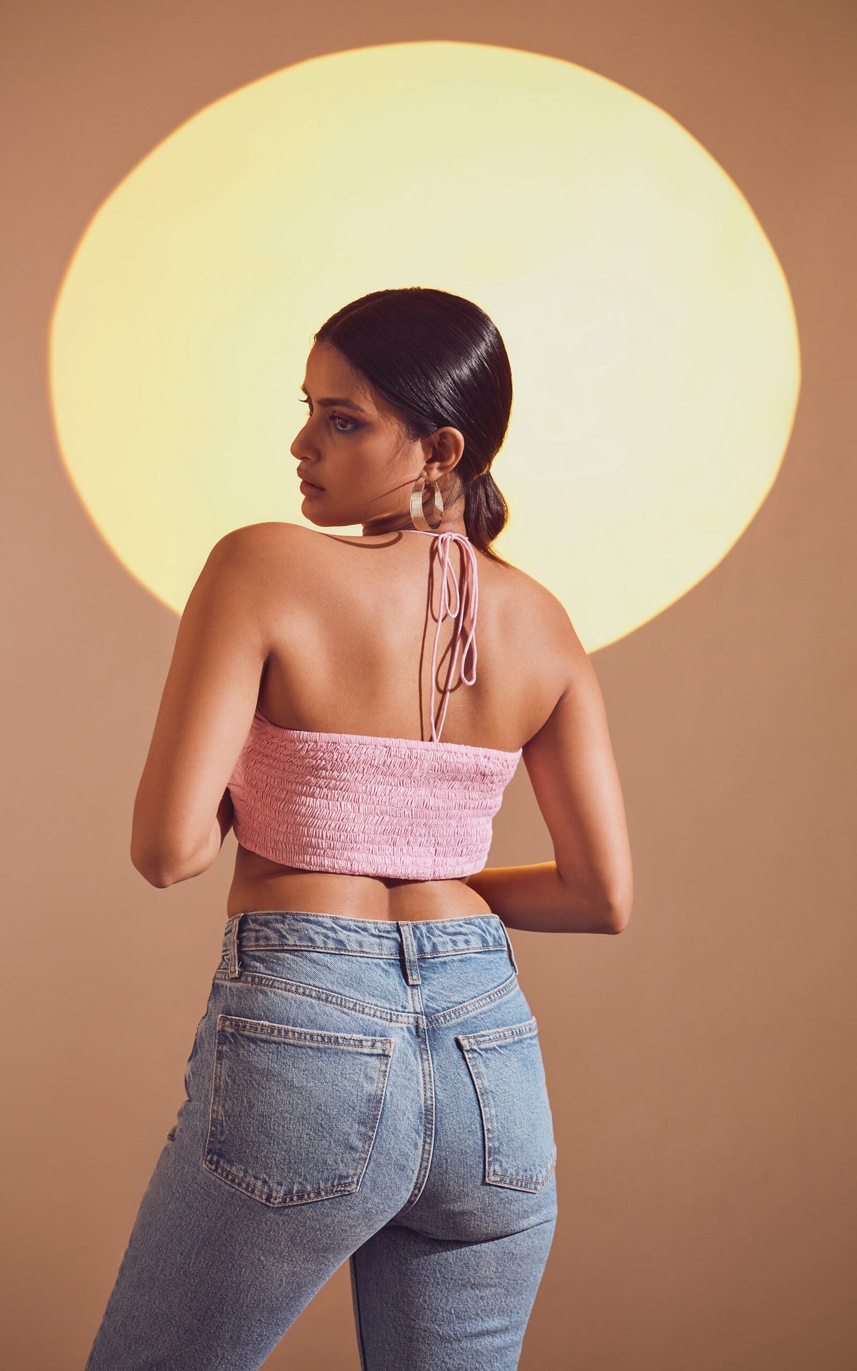 Pink Gathered Halter Neck Crop Top
