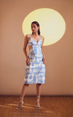 Blue-White Printed Tie-Dye Effect Back Opening Fitted Dress
