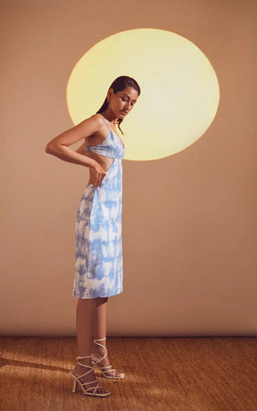 Blue-White Printed Tie-Dye Effect Back Opening Fitted Dress