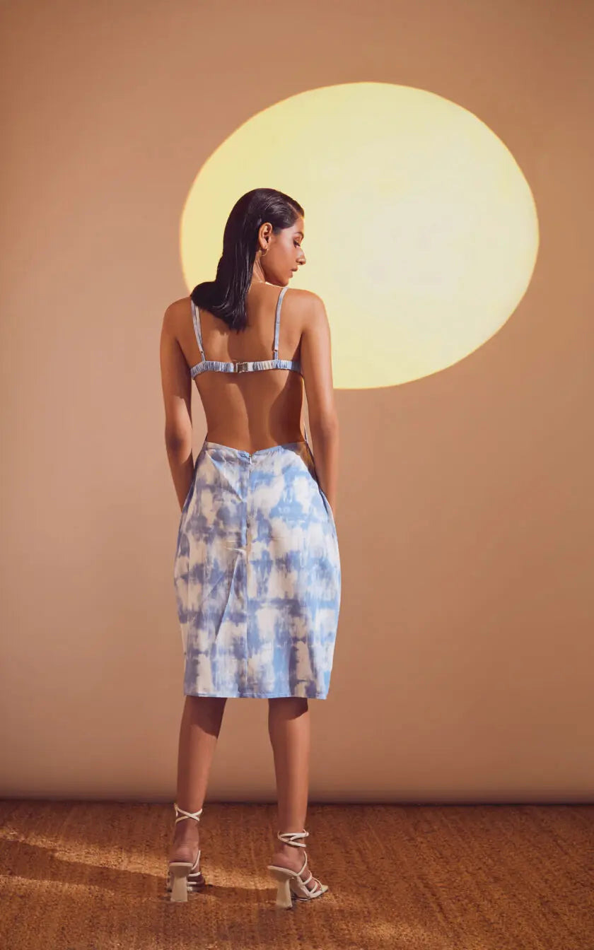 Blue-White Printed Tie-Dye Effect Back Opening Fitted Dress