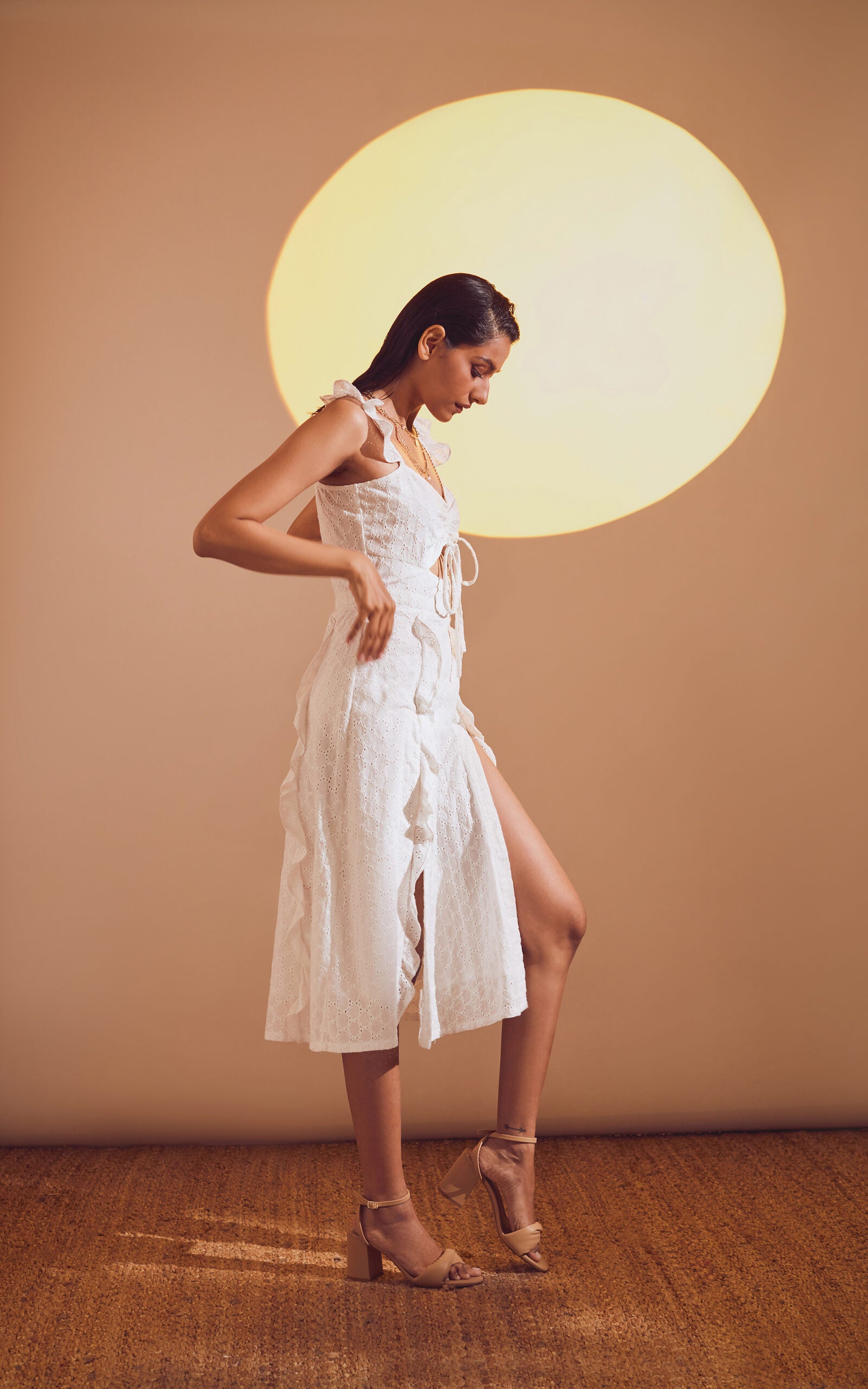 White Schiffli Side Slit Front Cut-Out Dress