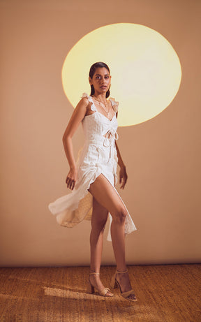 White Schiffli Side Slit Front Cut-Out Dress