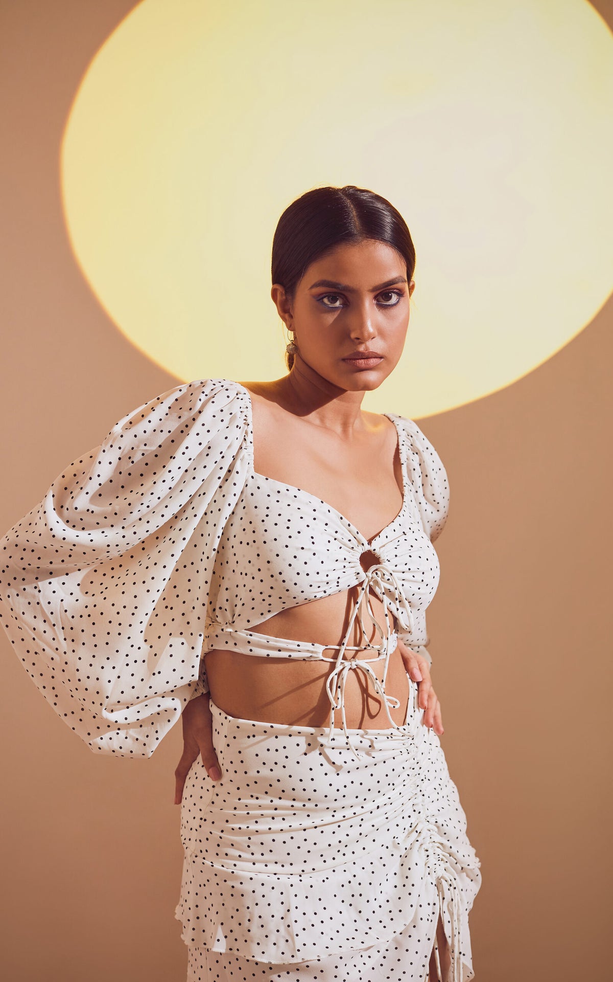 Polka Halter Lace-Up Balloon Sleeves Crop Top