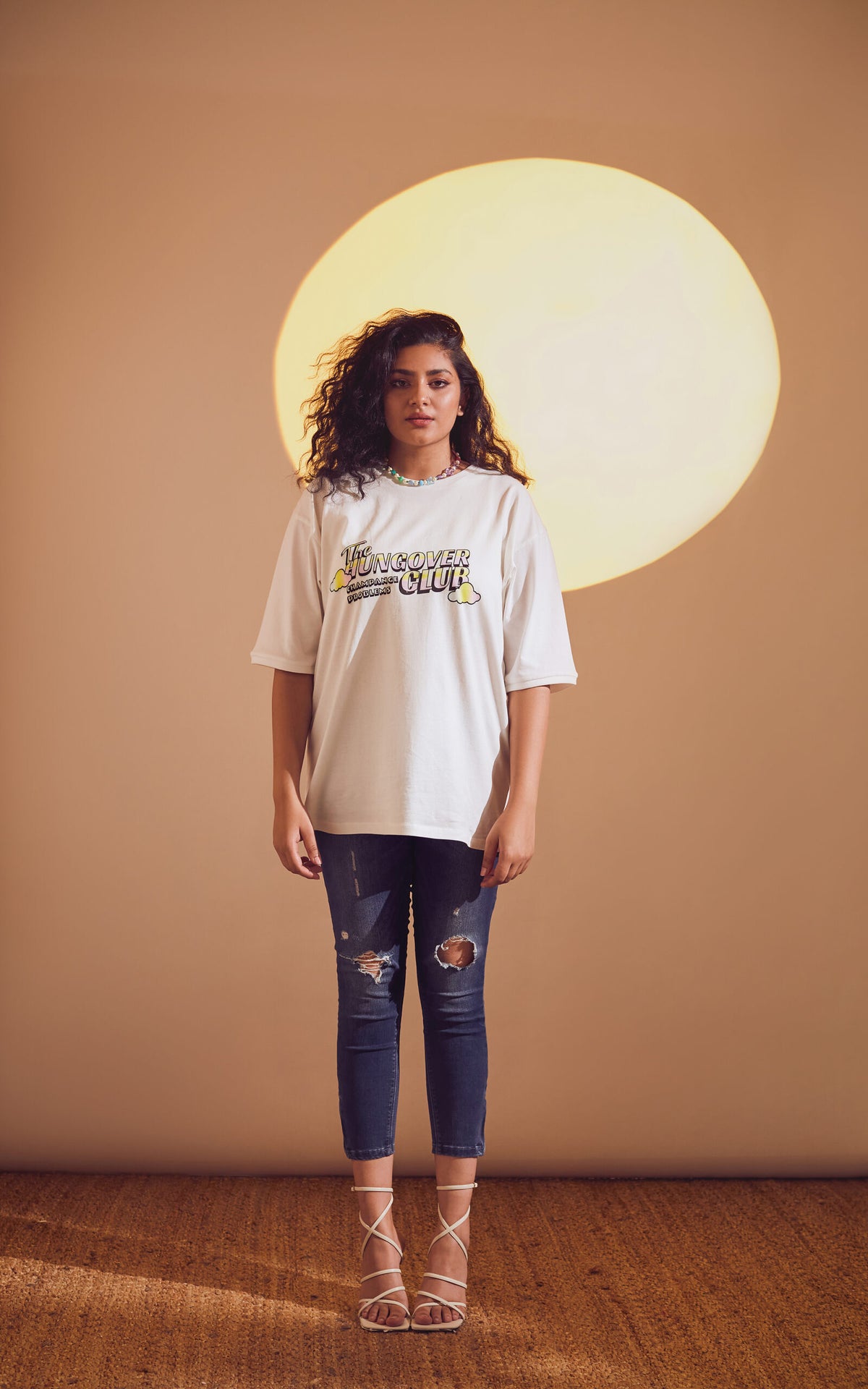 White Oversized Printed Round Neck T-Shirt (The hungover club)