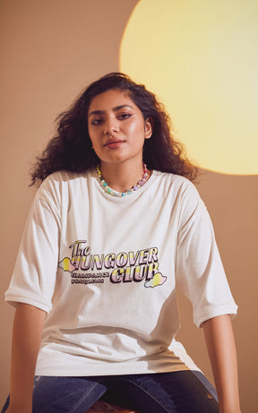 White Oversized Printed Round Neck T-Shirt (The hungover club)