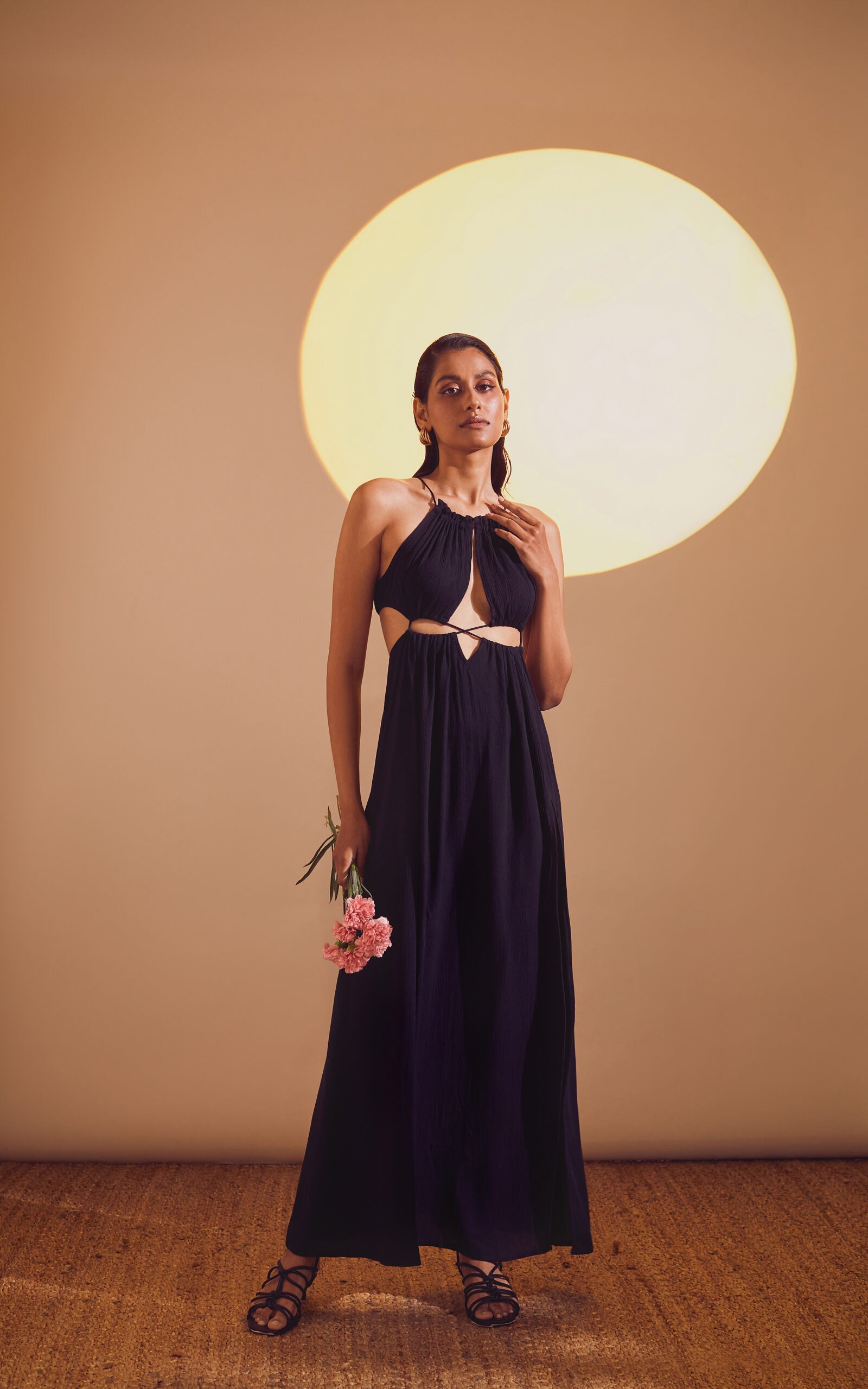 Black Halter Neck Drawstring Tie-Up Long Slit Dress