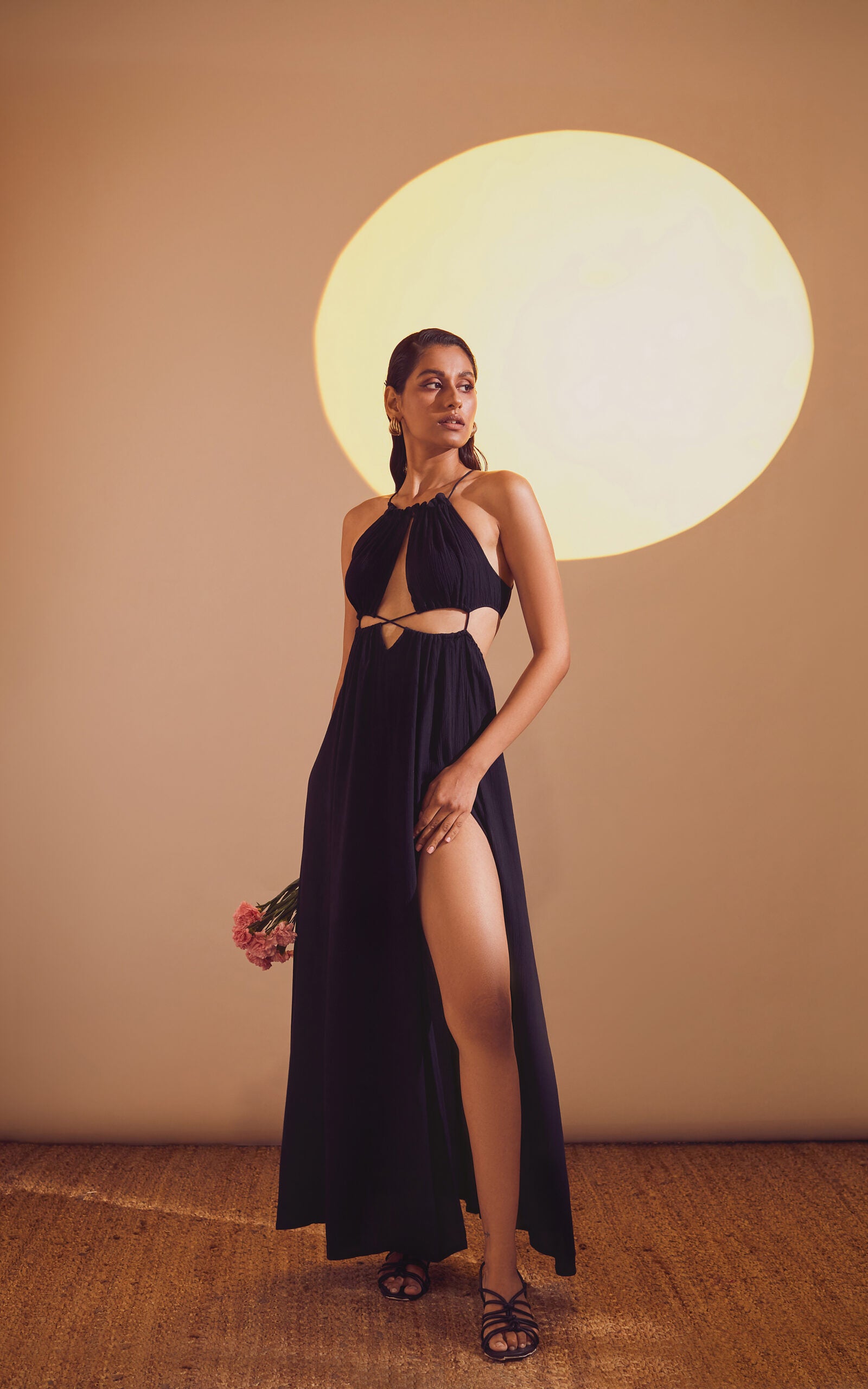 Black Halter Neck Drawstring Tie-Up Long Slit Dress