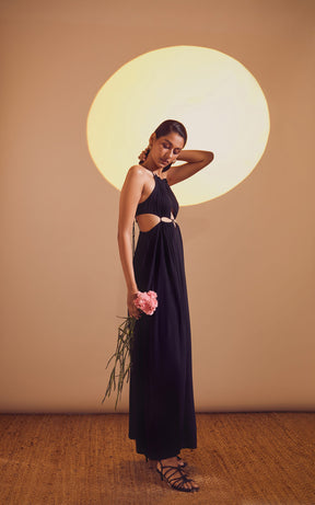 Black Halter Neck Drawstring Tie-Up Long Slit Dress