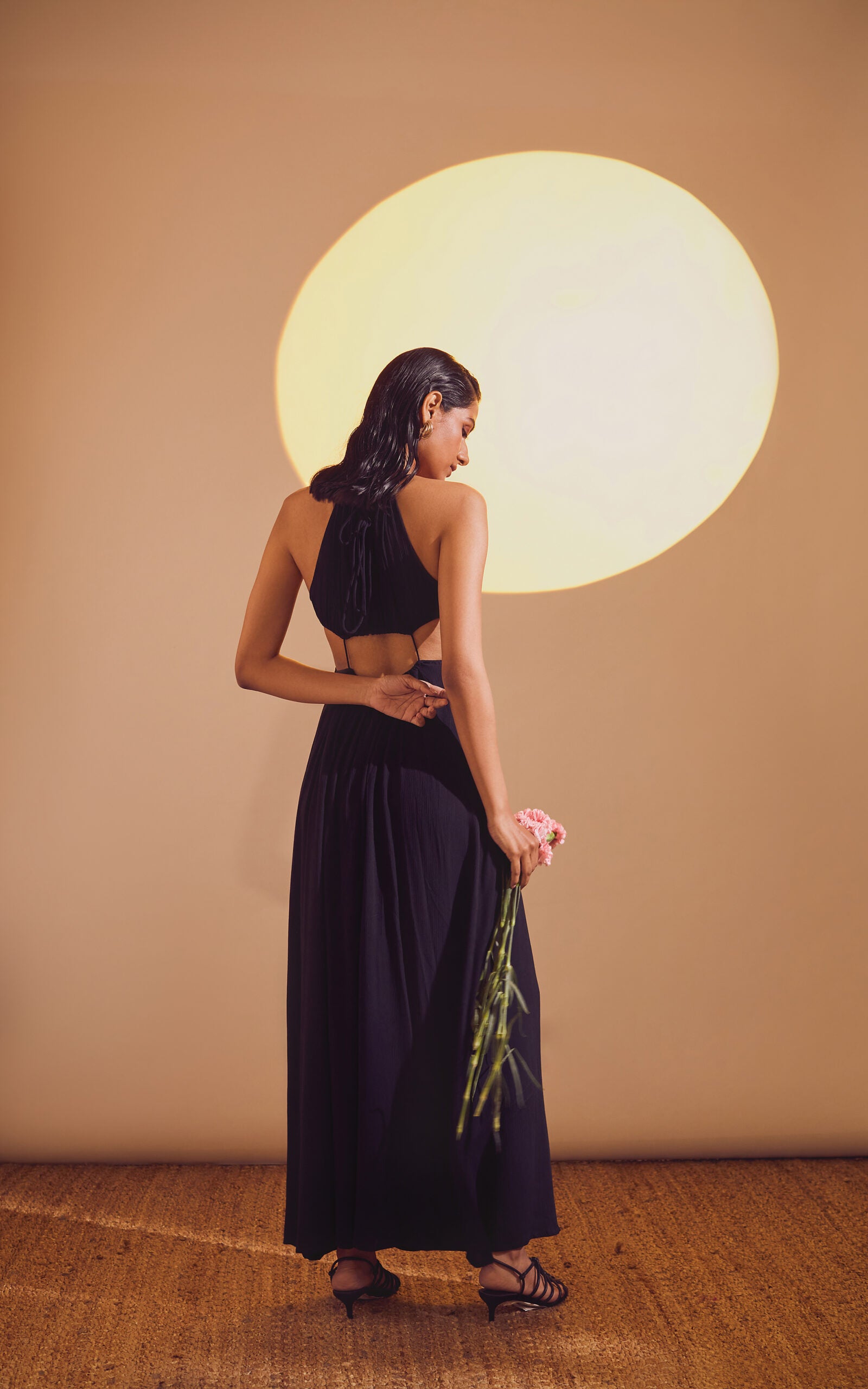 Black Halter Neck Drawstring Tie-Up Long Slit Dress