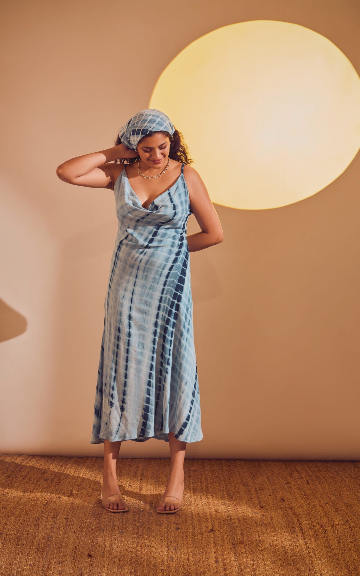 Blue Tie-Dye Cowl Neck Slip Dress