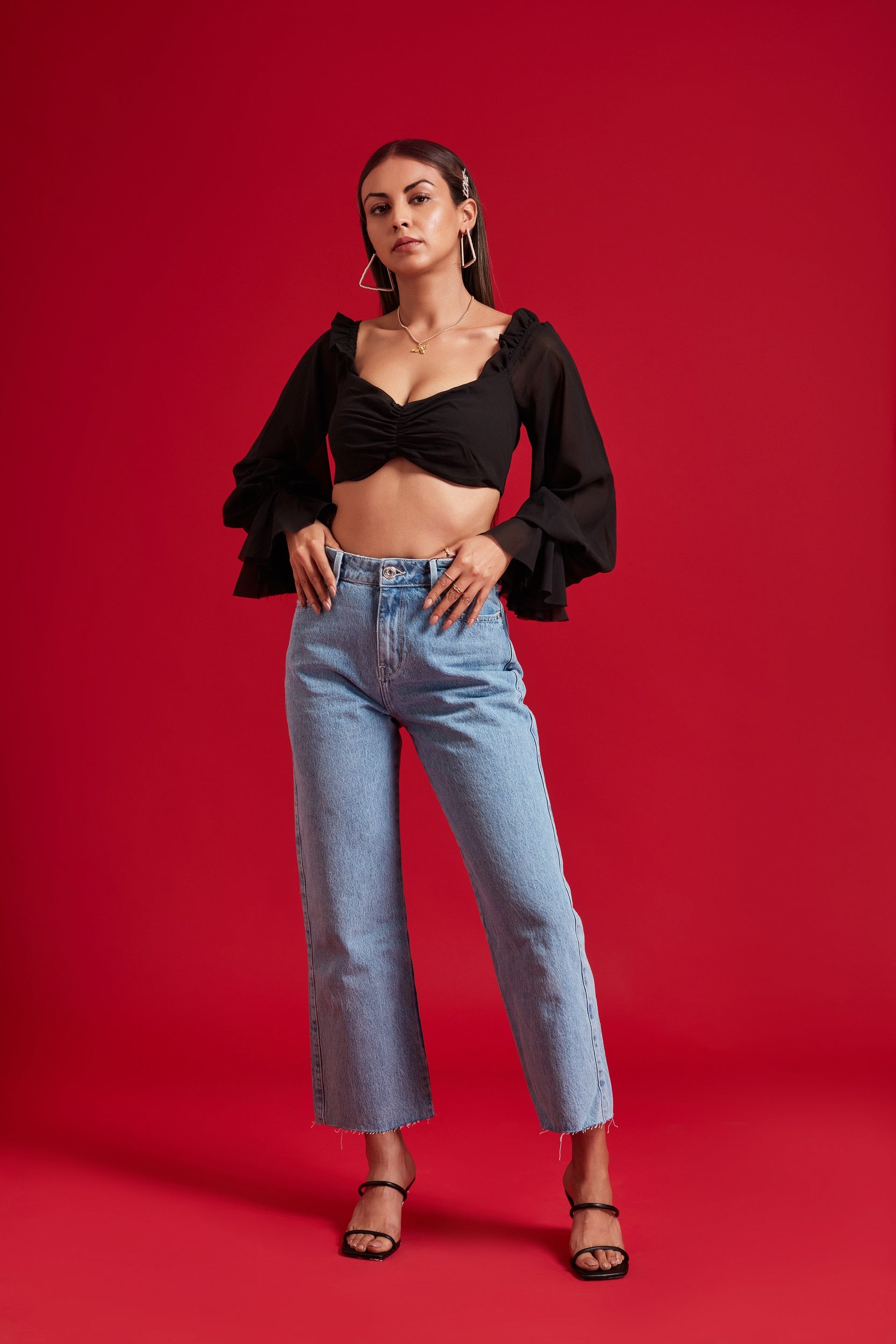 Black Balloon Sheer Sleeves Crop Top with Frills