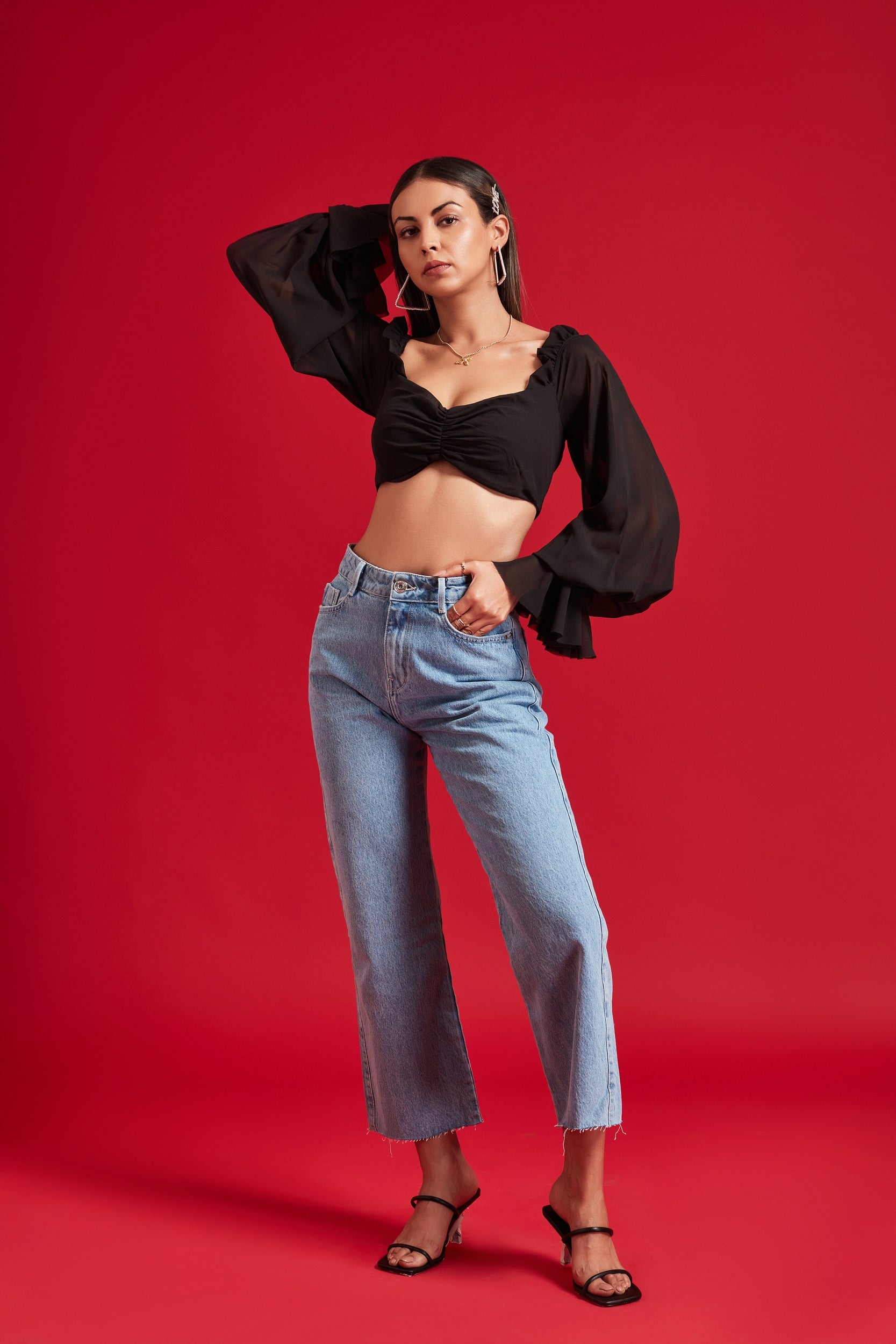 Black Balloon Sheer Sleeves Crop Top with Frills