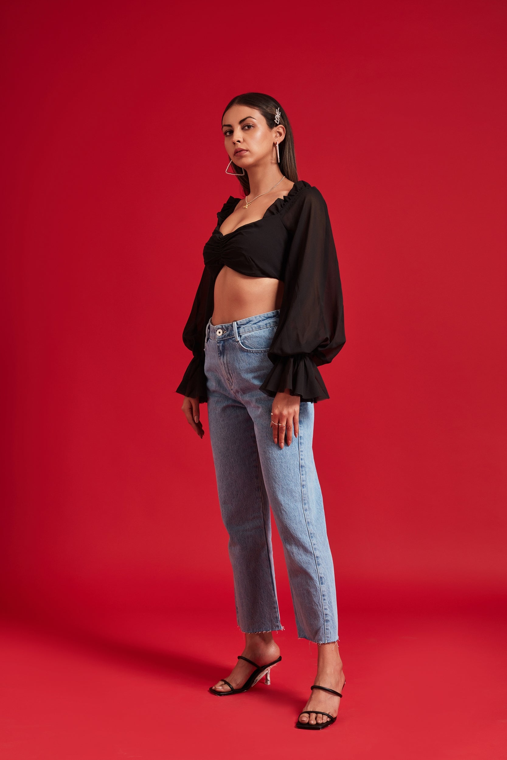 Black Balloon Sheer Sleeves Crop Top with Frills