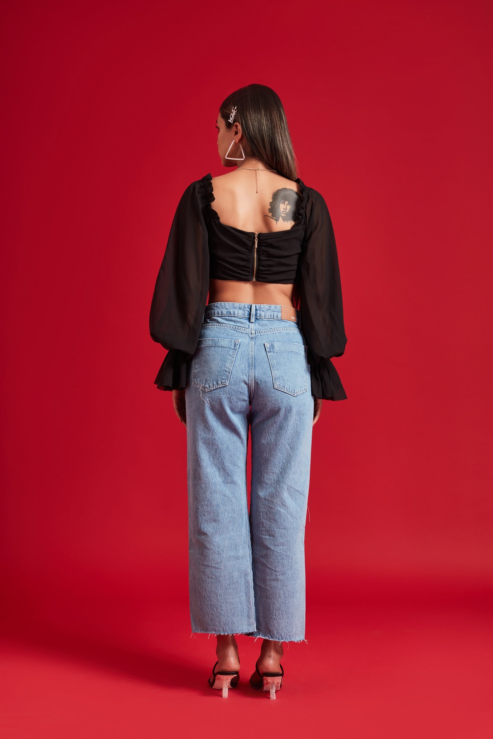 Black Balloon Sheer Sleeves Crop Top with Frills