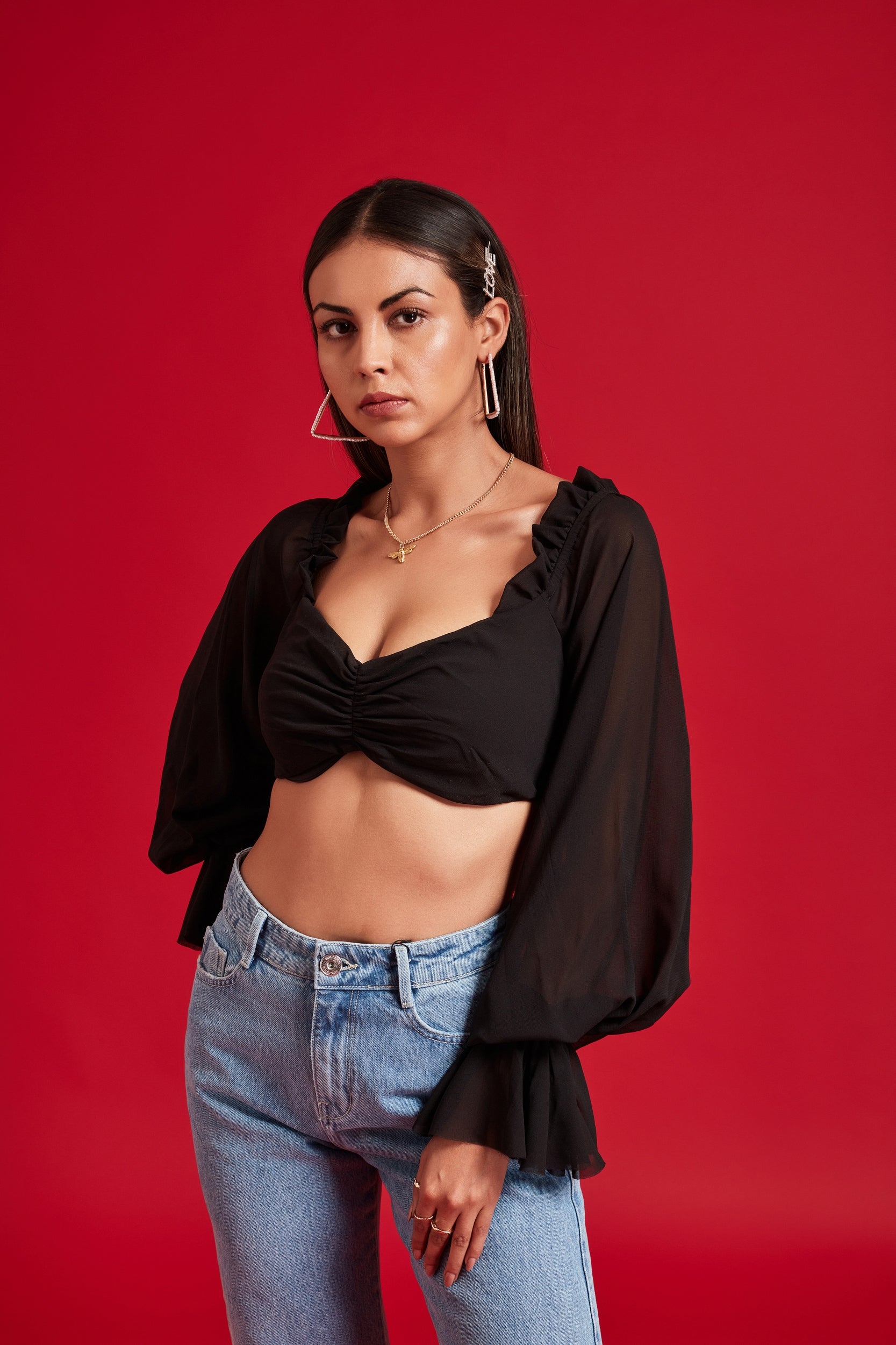 Black Balloon Sheer Sleeves Crop Top with Frills