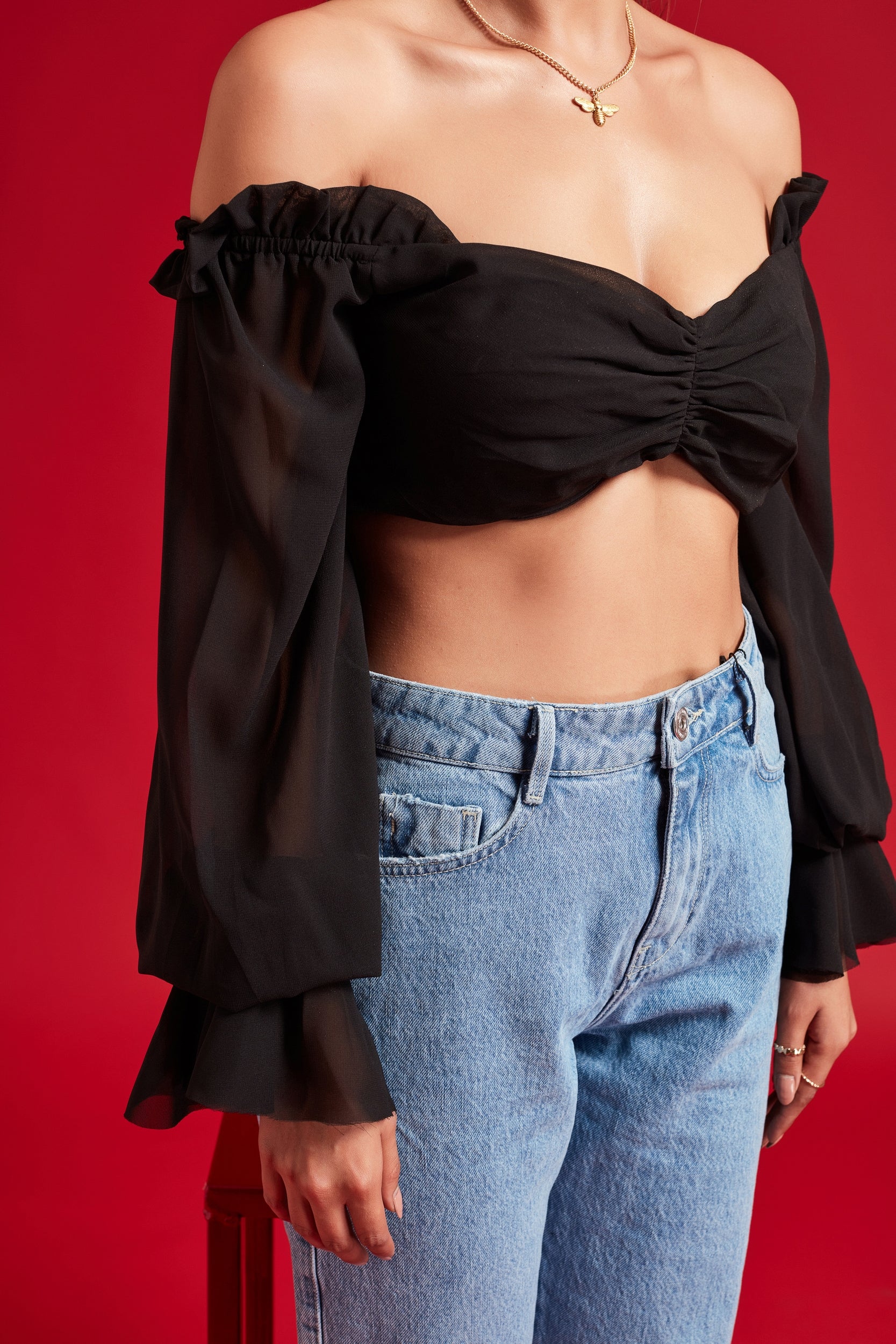 Black Balloon Sheer Sleeves Crop Top with Frills