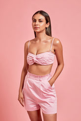 Pink Satin Ruffled Twisted Front Top