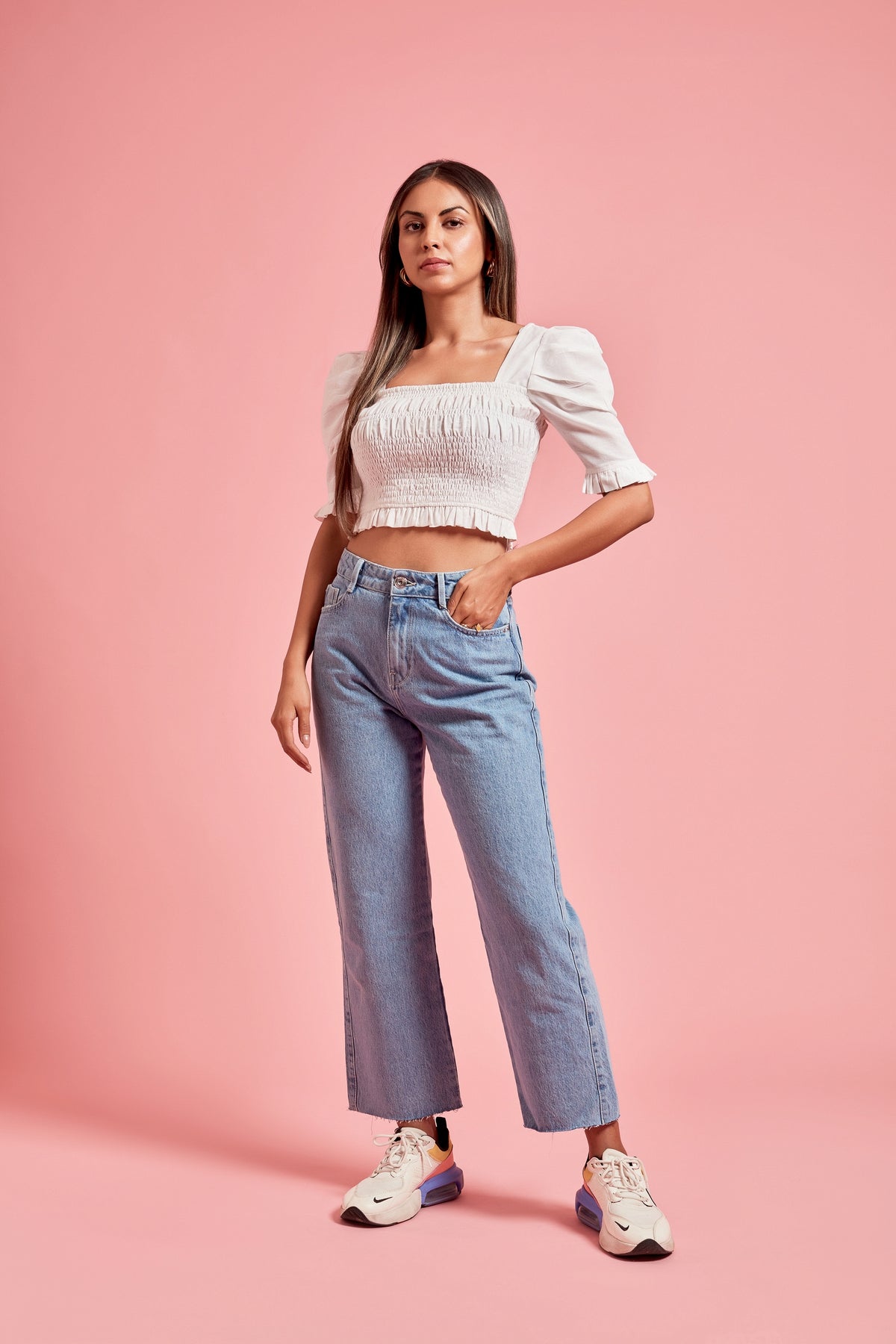 White Short Puff Sleeve Crop Top
