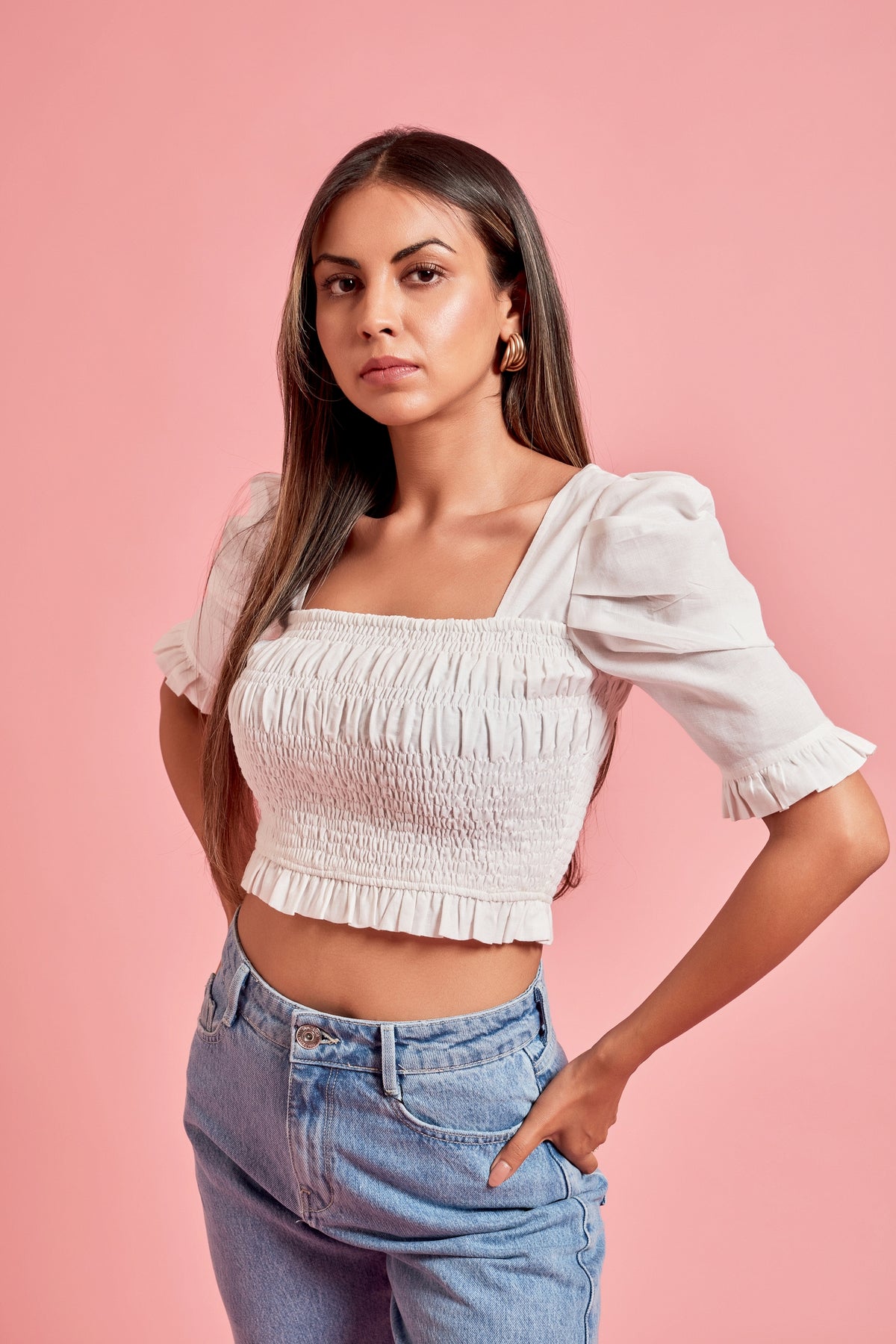 White Short Puff Sleeve Crop Top