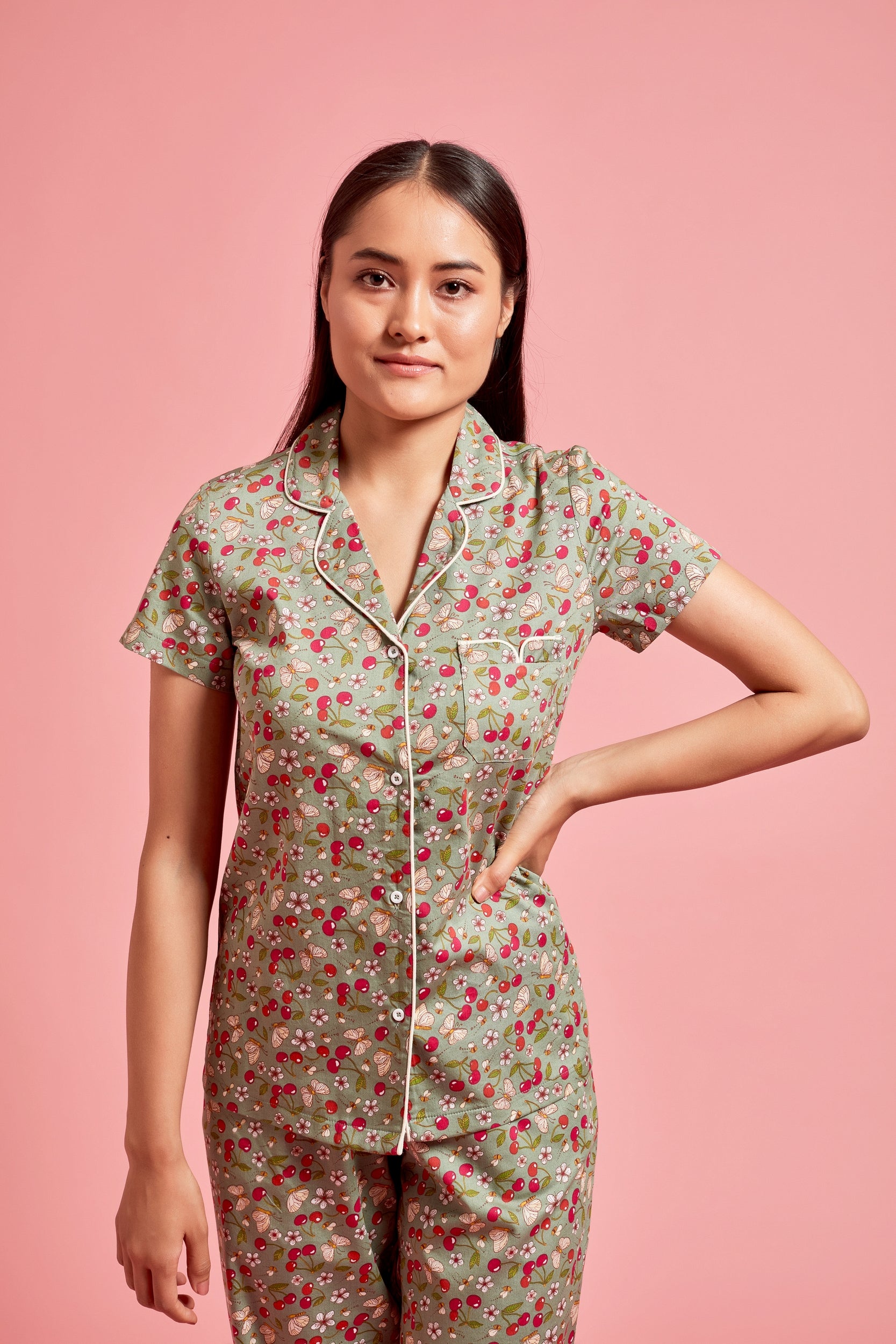 Butterfly-Cherry Print Pajama Set