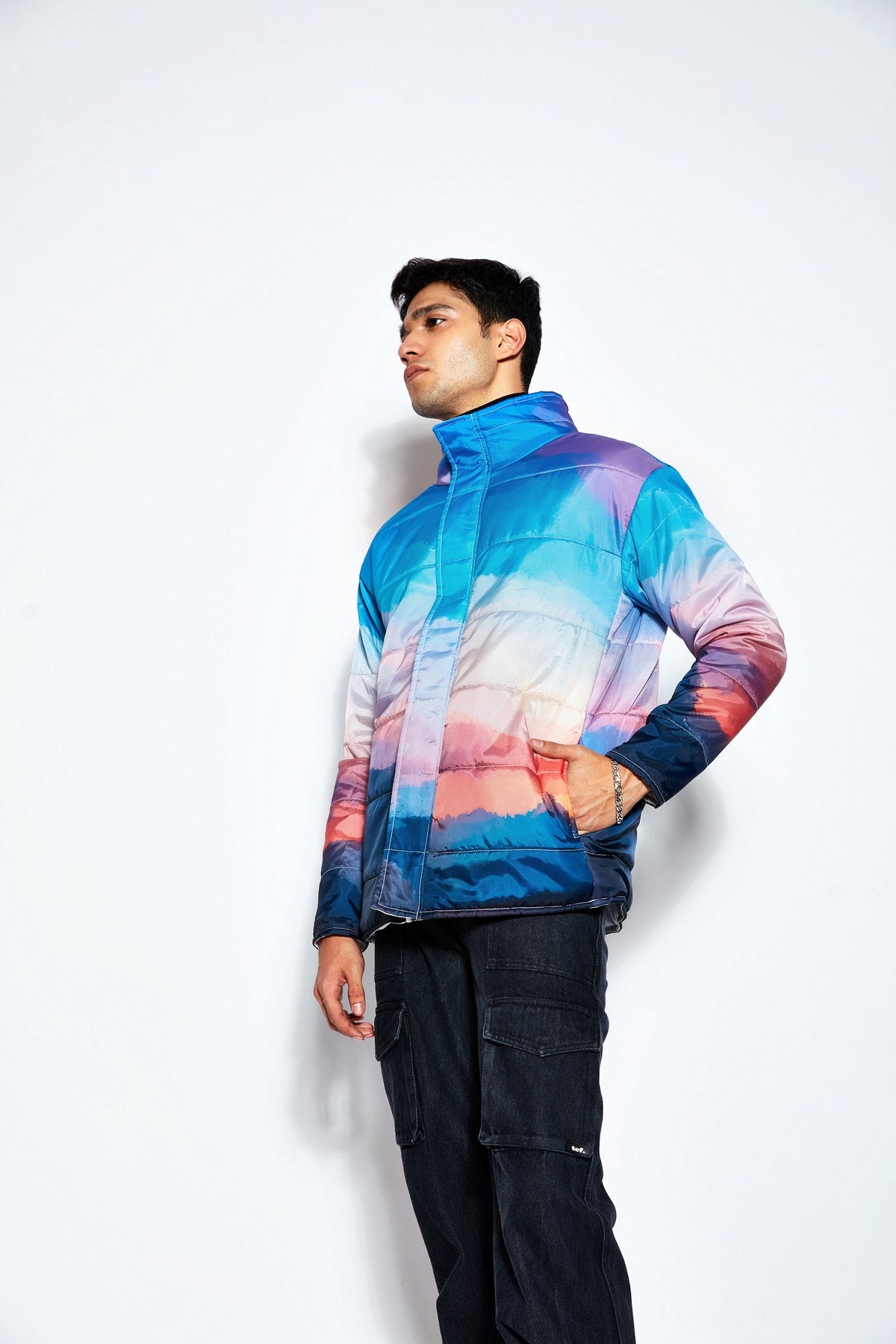 Unisex Puffer Jacket with Blue Abstract Print